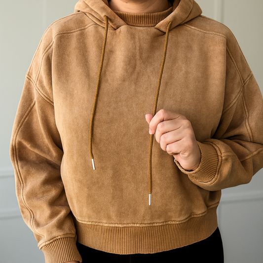 Camal Acid Wash Hoodie with Personalized Cuff Tag