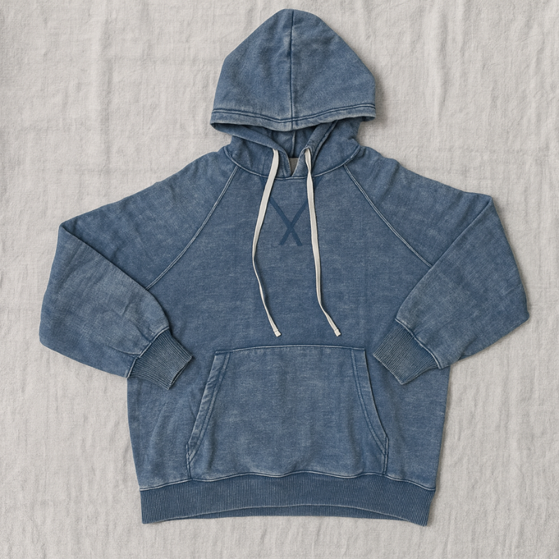 Blue Vintage Wash Hoodie with Optional Floral Drawstrings