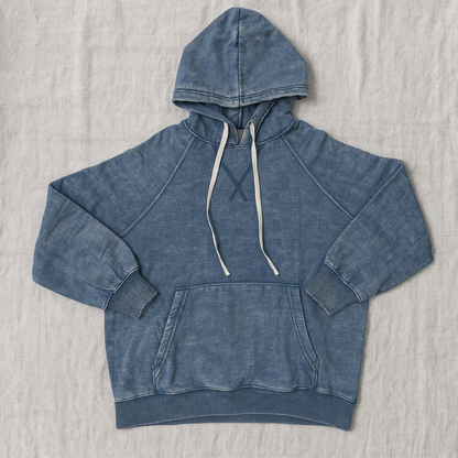 Blue Vintage Wash Hoodie with Optional Floral Drawstrings