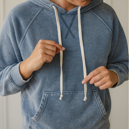 Blue Vintage Wash Hoodie with Optional Floral Drawstrings