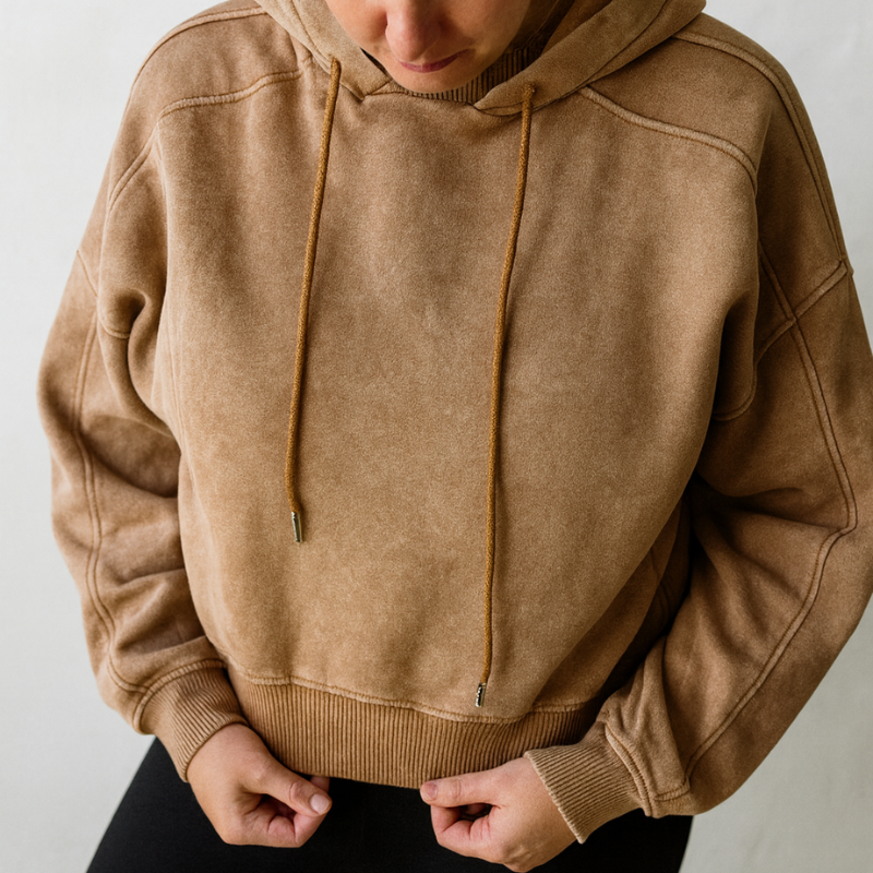 Camal Vintage Washed Fleece Hoodie with Personalized Cuff Tag