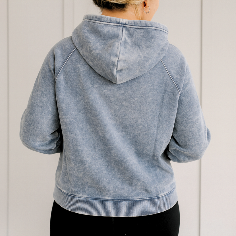 Blue Vintage Wash Hoodie with Optional Floral Drawstrings