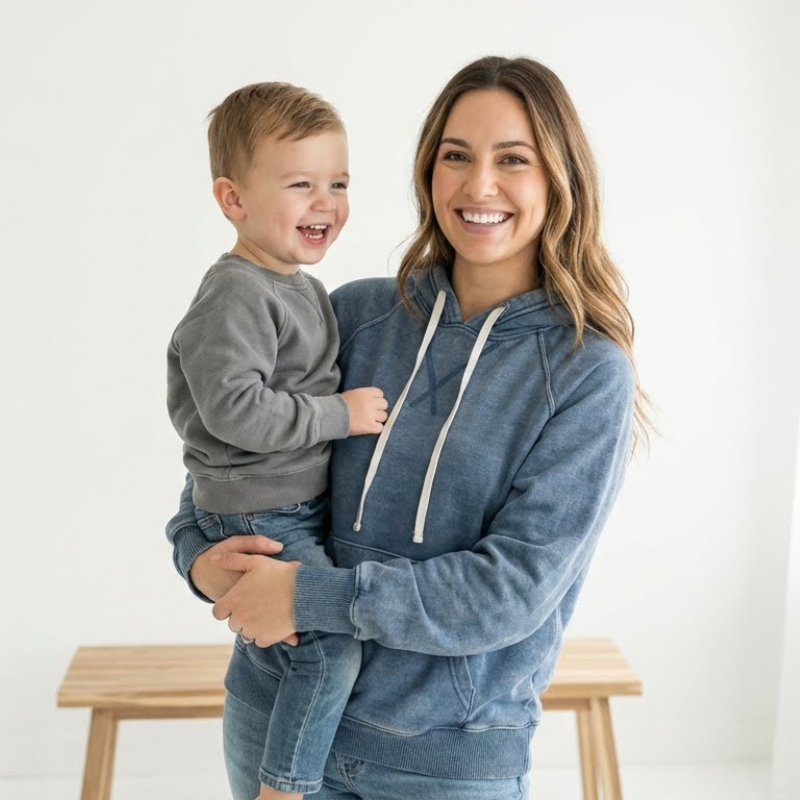 Blue Vintage Wash Hoodie with Optional Floral Drawstrings