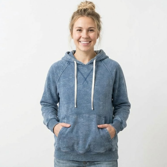 Blue Vintage Wash Hoodie with Optional Floral Drawstrings