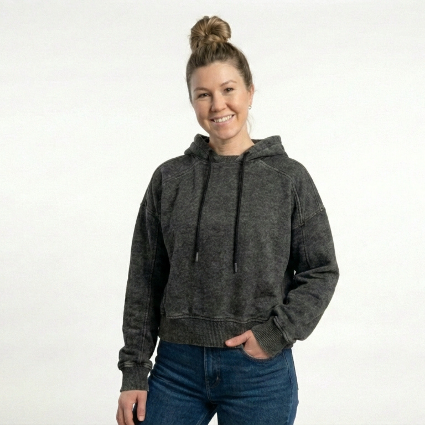 Black Vintage Washed Fleece Hoodie with Personalized Cuff Tag