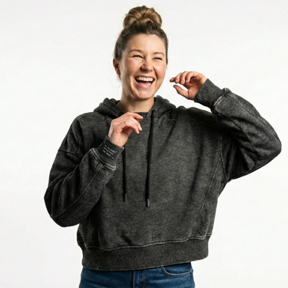 Black Vintage Washed Fleece Hoodie with Personalized Cuff Tag